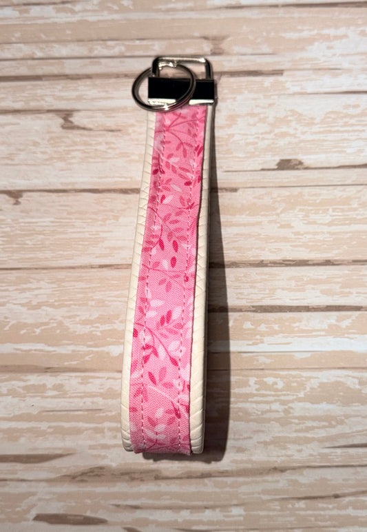 Pink Flower Faux Lether Key Wristlet